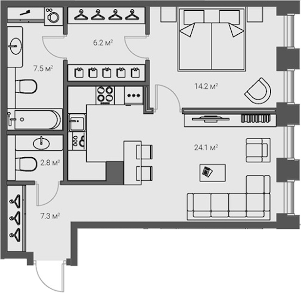 1-комнатная квартира 62.1 м², 14/20 эт., ЖК «LEGENDA Институтский 16»